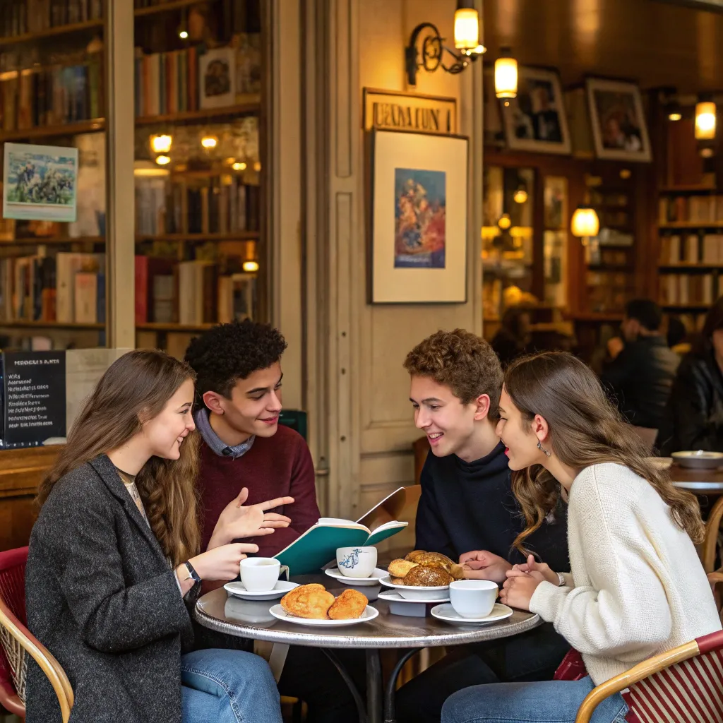Students practicing French conversation at a café