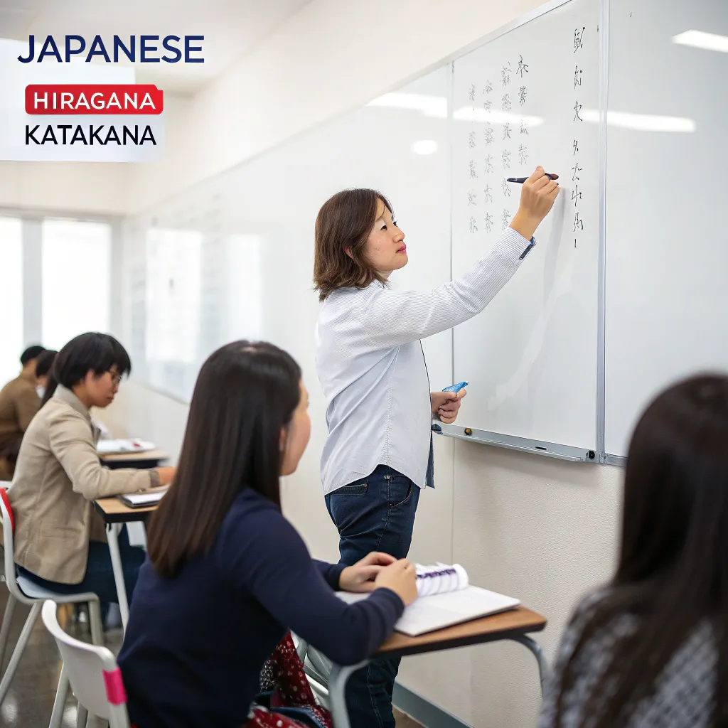 Instructor teaching Japanese language using a whiteboard